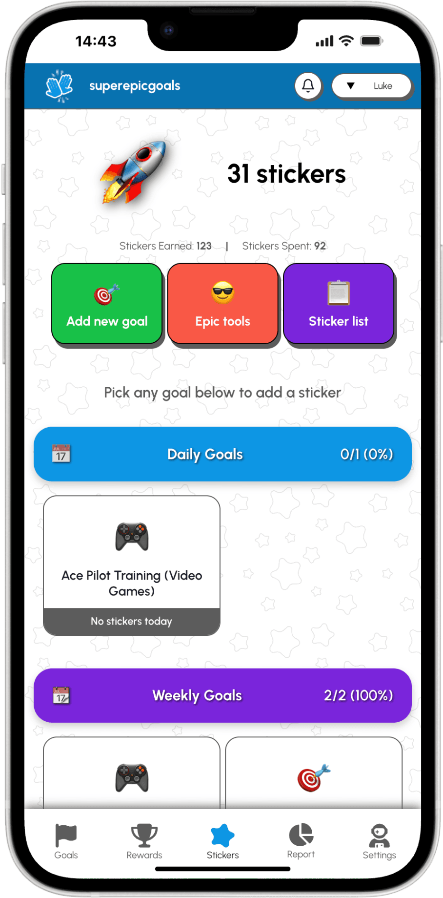 Stars page showing goal tracking